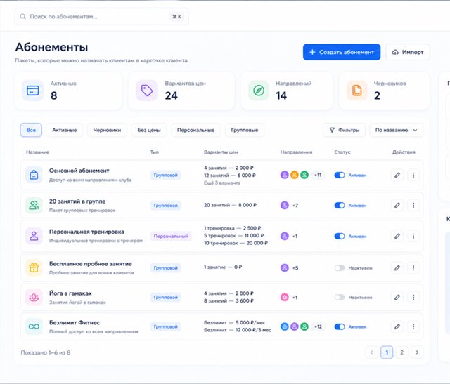 Скриншот TrenLab: абонементы клиентов и остатки занятий